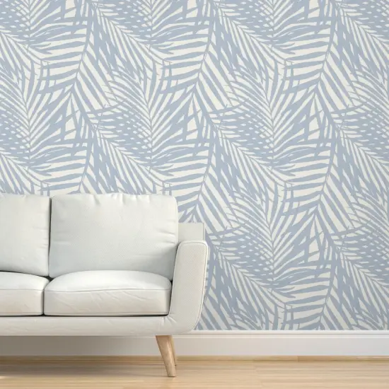 Pre-Pasted Wallpaper 2FT Wide Cream Blue Tropical Palm Soft Watercolor fan palm Custom Pre-pasted Wallpaper by Spoonflower {5}