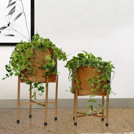 Tall Metal Floor Flower Planter Holder with Stand, Modern Decorative Floor Flower Holder, Perfect for Your Entryway, Living Room, or Dining Room Decor Gold {6}