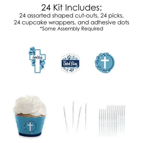 Big Dot of Happiness Blue Elegant Cross - Cupcake Decoration - Boy Religious Party Cupcake Wrappers and Treat Picks Kit - Set of 24 {6}