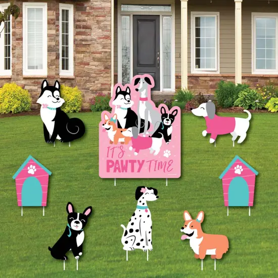 Big Dot of Happiness Pawty Like a Puppy Girl - Yard Sign and Outdoor Lawn Decorations - Pink Dog Baby Shower or Birthday Party Yard Signs - Set of 8 {1}