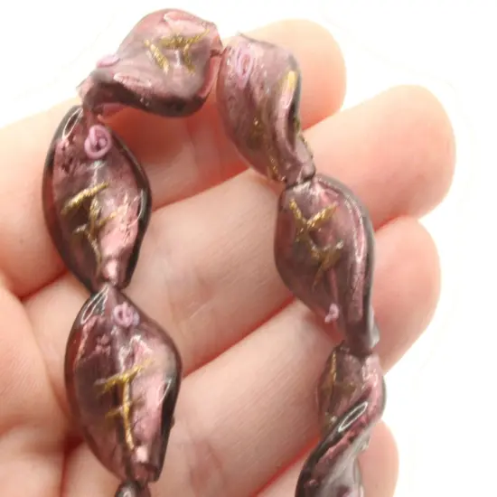 10 20mm Purple with Pink and Green Flower Lampwork Glass Flat Oval Twist Beads {3}