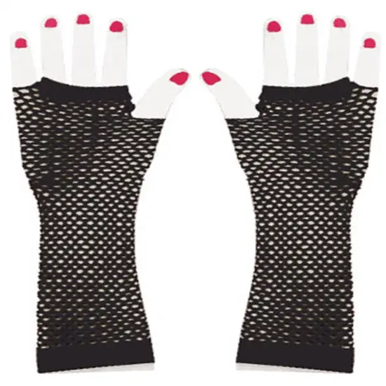 Adults Black Glam Rock Fishnet Fingerless Costume Long Gloves {1}