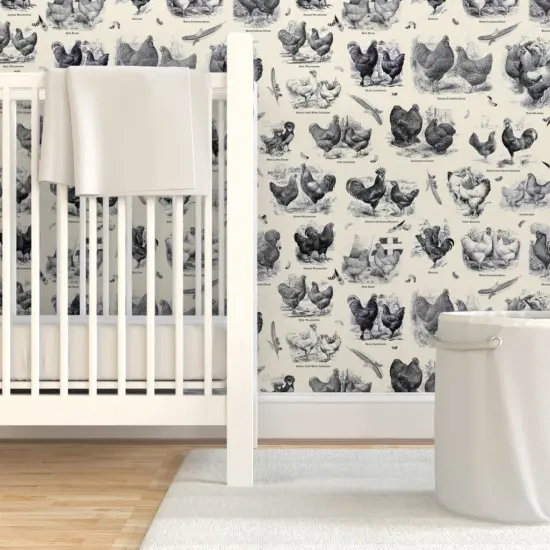 Pre-Pasted Wallpaper 2FT Wide Poultry Cream Black Toile Vintage Antique Victorian Historical Chicken Custom Pre-pasted Wallpaper by Spoonflower {1}