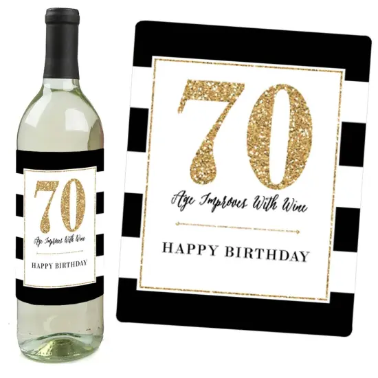 Big Dot of Happiness Chic 70th Birthday - Pink, Black and Gold - Birthday Gift For Women - Wine Bottle Label Stickers - Set of 4 {6}