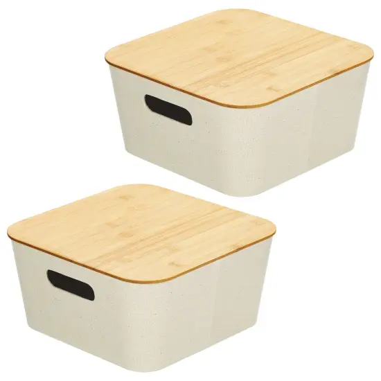 mDesign Modern Stackable Fabric Covered Bin with Bamboo Lid, 2 Pack {4}