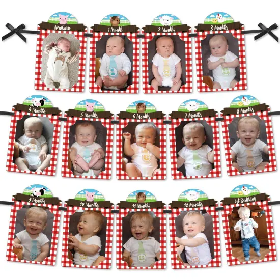 Big Dot of Happiness 1st Birthday Farm Animals - DIY Barnyard First Birthday Party Decor - 1-12 Monthly Picture Display - Photo Banner {1}