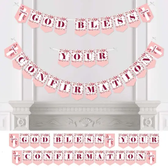 Big Dot of Happiness Confirmation Pink Elegant Cross - Girl Religious Party Bunting Banner - Party Decorations - God Bless Your Confirmation {1}