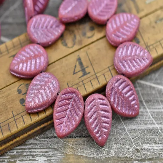 *15* 16x12mm Pink Washed Golden Lustered Red Top Drilled Leaf Beads {2}