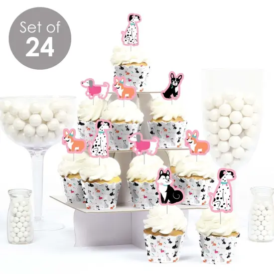 Big Dot of Happiness Pawty Like a Puppy Girl - Cupcake Decor - Pink Dog Baby Shower or Birthday Party Cupcake Wrappers and Treat Picks Kit - Set of 24 {3}