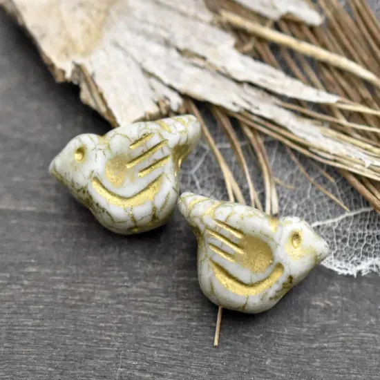 *6* 11x22mm Gold Washed Matte White Luster Bird Beads {2}