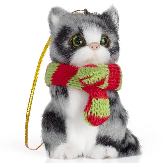 Ornativity Christmas Mini Cat Ornament - Furry Grey Kitten with Scarf Holiday Tree Hanging Decoration {1}