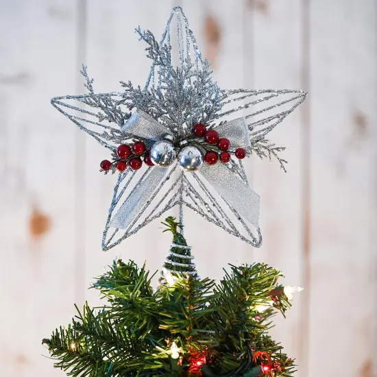 Ornativity Silver Star Tree Topper - Christmas Glitter Silver Star Holiday Tree Top Decoration with Silver Bells and Mistletoe and Red Berries {2}
