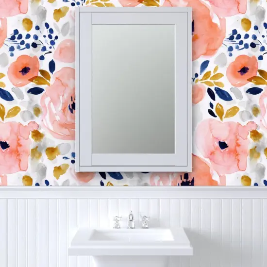 Pre-Pasted Wallpaper 2FT Wide Large Scale Floral Pink Coral Watercolor Bloom Peachy Girls Feminine Bright Custom Pre-pasted Wallpaper by Spoonflower {6}