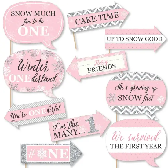 Big Dot of Happiness Funny Pink Onederland - Holiday Snowflake Winter Wonderland Birthday Party Photo Booth Props Kit - 10 Piece {1}