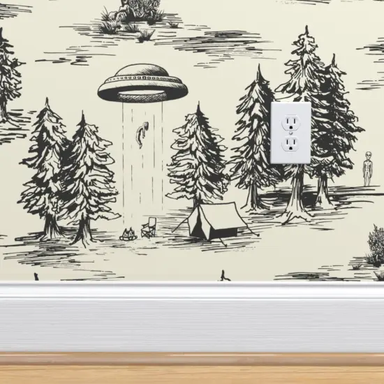 Pre-Pasted Wallpaper 2FT Wide Alien Toile Black Space Aliens Camping Ufos De Jouy Ufo Flying Saucer Abduction Saucers Objects Custom Pre-pasted Wallpaper by Spoonflower {4}