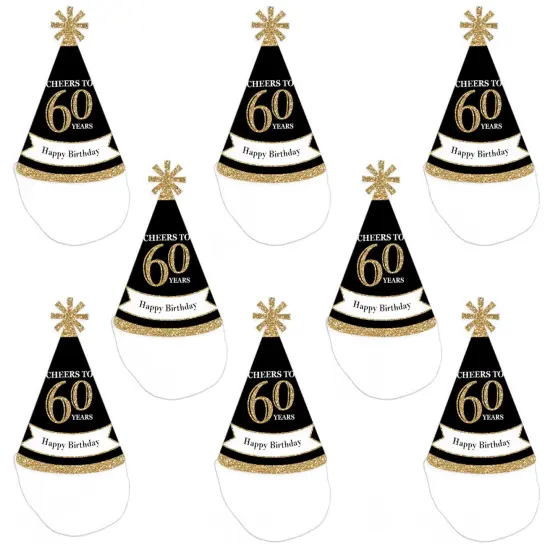 Big Dot of Happiness Adult 60th Birthday - Gold - Cone Birthday Party Hats for Adults - Set of 8 (Standard Size) {7}