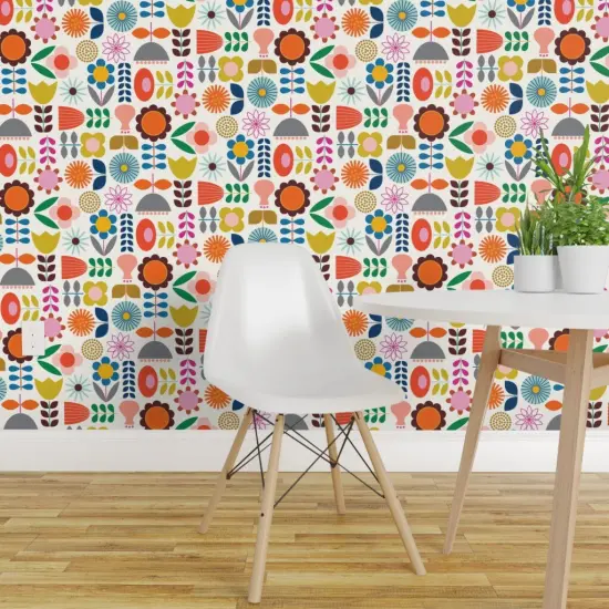Pre-Pasted Wallpaper 2FT Wide Scandinavian Scandi Style Folk Art Inspired Colorful Mod Floral Flower Daisy Tulip Garden Custom Pre-pasted Wallpaper by Spoonflower {1}