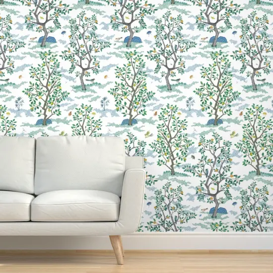 Peel & Stick Wallpaper 2FT Wide Orchard Toile Bird Green Blue Citrus Trees Large Scale Oranges Lemon Toile Chinoiserie Mural Grove Custom Removable Wallpaper by Spoonflower {5}