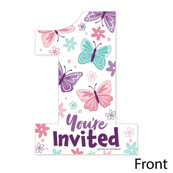 Big Dot of Happiness 1st Birthday Beautiful Butterfly - Shaped Fill-In Invitations Floral First Birthday Party Invitation Cards with Envelopes - 12 Ct {4}