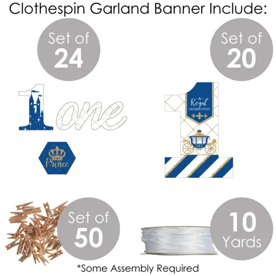 Big Dot of Happiness 1st Birthday Royal Prince Charming - First Birthday Party DIY Decorations - Clothespin Garland Banner - 44 Pieces {6}