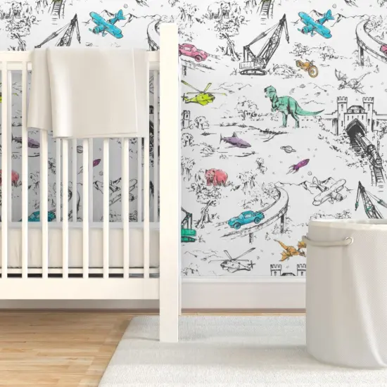 Pre-Pasted Wallpaper 2FT Wide Adventure Toile Pop Dinosaurs Cars Planes Bears Trains Space Fantasy Kids Custom Pre-pasted Wallpaper by Spoonflower {7}