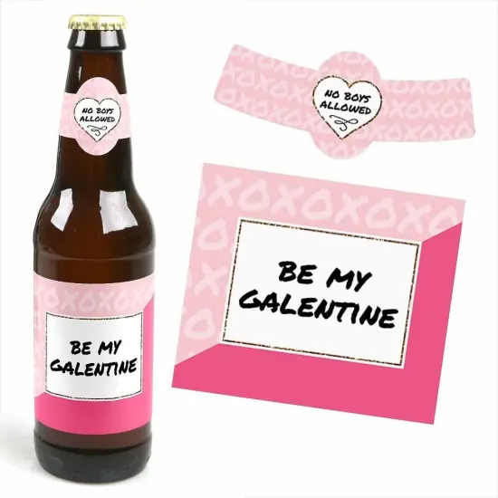 Big Dot of Happiness Be My Galentine - Valentine's Day Decorations for Women and Men - 6 Beer Bottle Label Stickers and 1 Carrier {4}