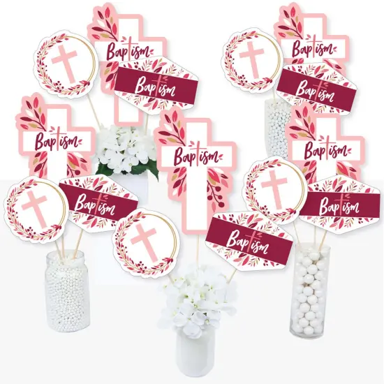Big Dot of Happiness Baptism Pink Elegant Cross - Girl Religious Party Centerpiece Sticks - Table Toppers - Set of 15 {3}