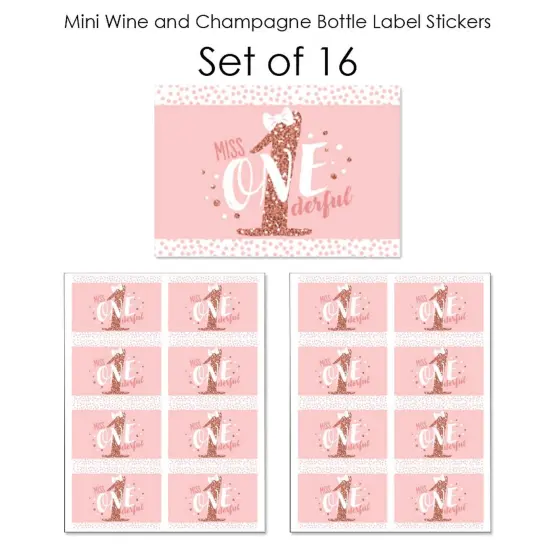 Big Dot of Happiness 1st Birthday Little Miss Onederful - Mini Wine Bottle Label Stickers - First Birthday Favor Gift for Women and Men - Set of 16 {7}