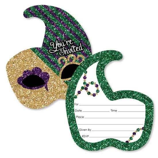 Big Dot of Happiness Mardi Gras - Shaped Fill-in Invitations - Masquerade Party Invitation Cards with Envelopes - Set of 12 {1}