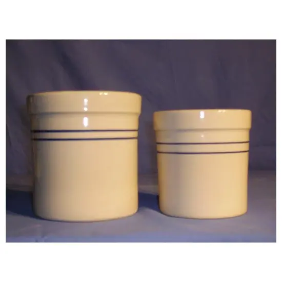 Martinez Pottery Pickling Fermenting Crock - Tan with Blue Stripe Stoneware Jar, 1/2 Gallon Capacity {4}