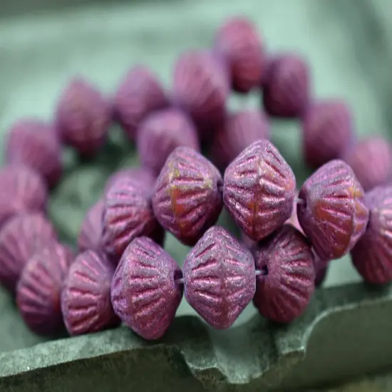 *15* 11mm Pink Washed Etched Magenta Purple Carved Bicone Beads {4}