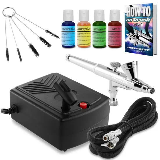 PointZero Airbrush Cake Decorating Kit - Professional Airbrush, Portable Compressor Bundle with 4 Chefmaster Colors {1}