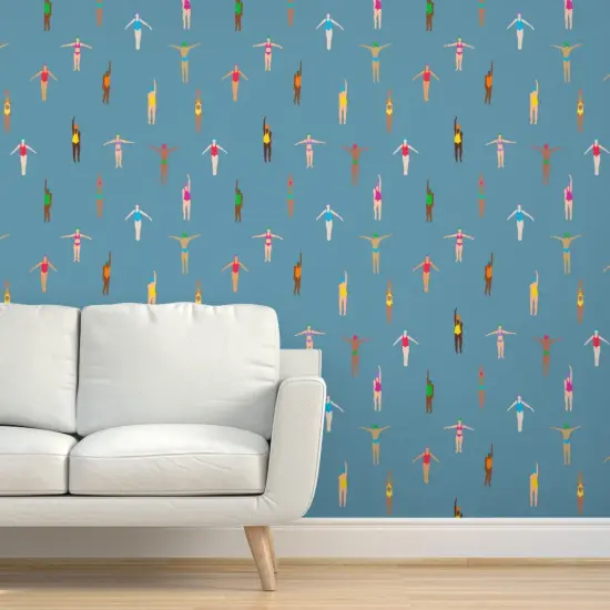 Pre-Pasted Wallpaper 2FT Wide Swimmers Dusty Blue Water Holiday Sun Summer Tropical Custom Pre-pasted Wallpaper by Spoonflower {5}