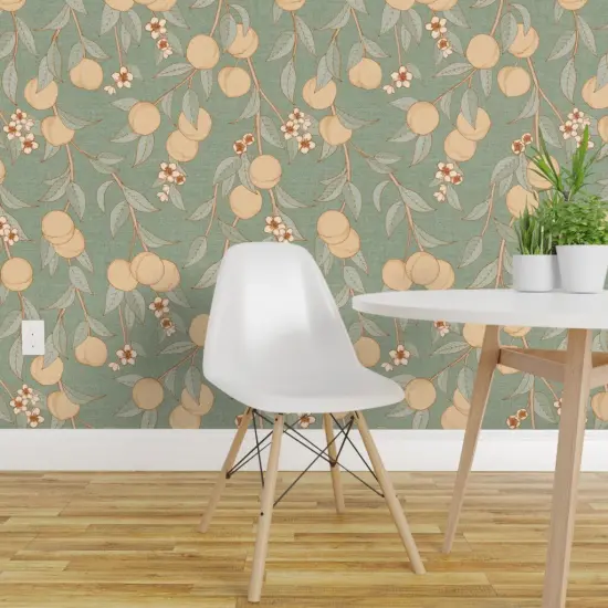 Peel & Stick Wallpaper 2FT Wide Chinoiserie Orchard Vintage Botanical Peaches Nectarines Antique Custom Removable Wallpaper by Spoonflower {1}