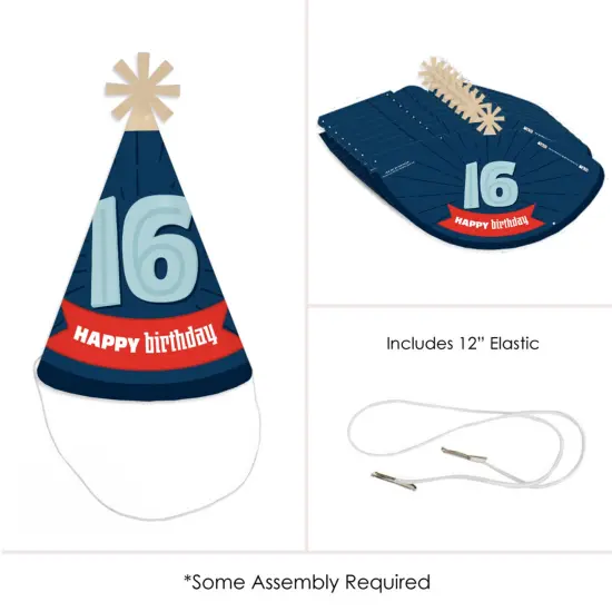 Big Dot of Happiness Boy 16th Birthday - Cone Happy Birthday Party Hats for Adults - Set of 8 (Standard Size) {6}