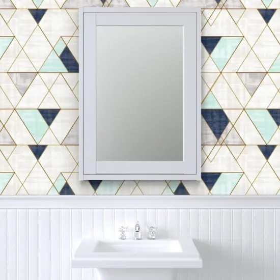 Peel & Stick Wallpaper 2FT Wide Vintage Navy Mint Geo Blue Green Custom Removable Wallpaper by Spoonflower {6}