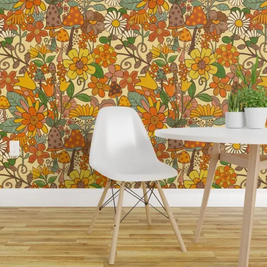 Pre-Pasted Wallpaper 2FT Wide Vintage Hippy Floral Earth Tones mushrooms s Retro 70S 60S Toadstools Vintage Nostalgic Flower Power Custom Pre-pasted Wallpaper by Spoonflower {1}