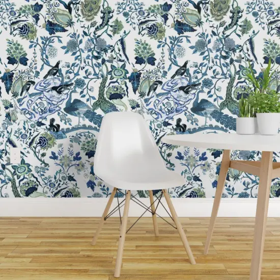 Peel & Stick Wallpaper 2FT Wide Green Blue Chinoiserie Floral Chinese Inspired Classic Custom Removable Wallpaper by Spoonflower {1}