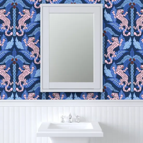 Pre-Pasted Wallpaper 2FT Wide Maximalist Damask Tiger Jungle Blue Cobalt Tropical Palms Blush Pink Bright Animalier Big Cat Custom Pre-pasted Wallpaper by Spoonflower {6}