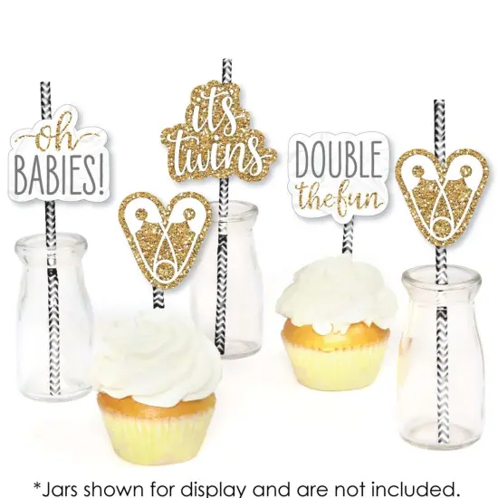 Big Dot of Happiness It's Twins - Paper Straw Decor - Gold Twins Baby Shower Striped Decorative Straws - Set of 24 {6}