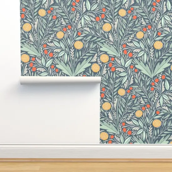 Peel & Stick Wallpaper 2FT Wide Modern Botanical Dandelions Yellow Orange Blue Floral Eucalyptus Rosehips Custom Removable Wallpaper by Spoonflower {2}