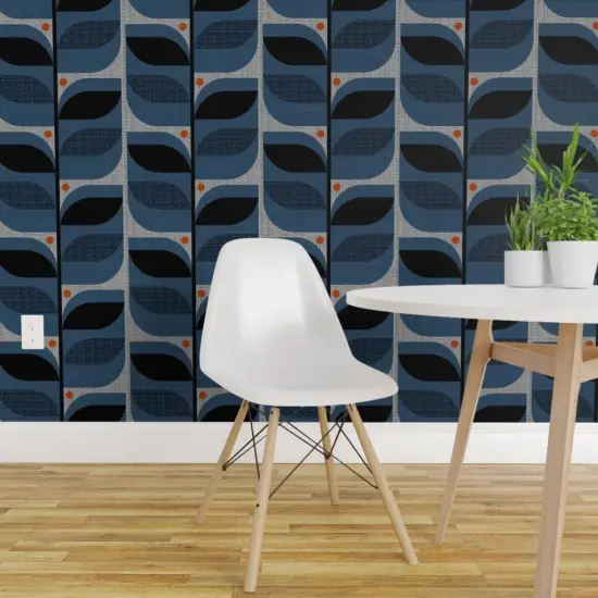 Peel & Stick Wallpaper 2FT Wide Mod Leaves Faux Textures Look Large Scale Denim Blue Retro Inspired Atomic Era 1950S 1960S Custom Removable Wallpaper by Spoonflower {1}