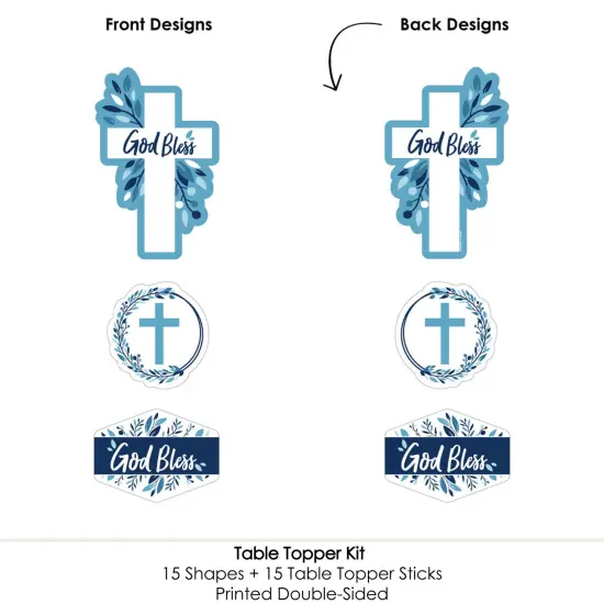 Big Dot of Happiness Blue Elegant Cross - Boy Religious Party Centerpiece Sticks - Table Toppers - Set of 15 {6}