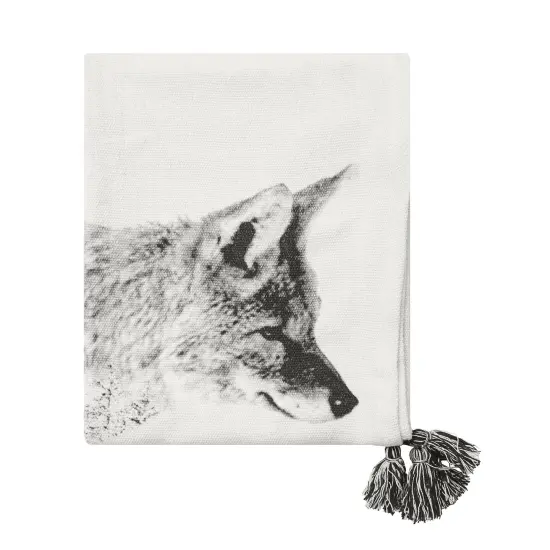 Fox in Forest Grayscale Printed 100% Cotton Throw Blanket w/ Tassels 50" x 60" {4}