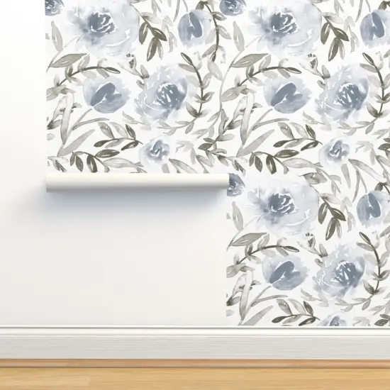 Peel & Stick Wallpaper 2FT Wide Blue Leaves Wild Flowers Watercolor Botanical Florals Wildflowers Floral Custom Removable Wallpaper by Spoonflower {2}