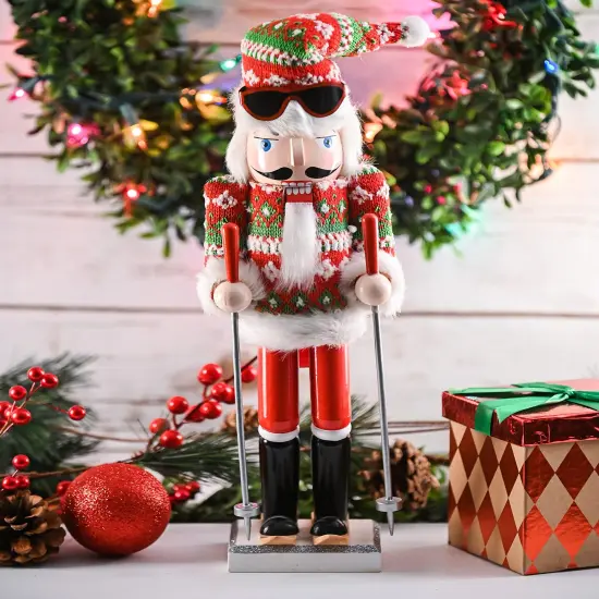 Ornativity Christmas Skier Man Nutcracker &ndash; Red and Green Wooden Nutcracker Guy with Ugly Sweater and Ski Sticks in Skiing Pose Xmas Themed Holiday Nut Cracker Doll Figure Decorations {3}