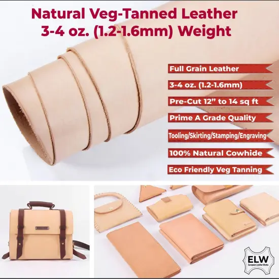 ELW Veg Tan Full Grain Leather Cowhide Pre-Cut Pieces 3/4 oz. (1.2-1.6 mm) - Import AA Grade Tooling Leather Hide - Vegetable Tanned Leather for Tooling, Carving, Molding, Dyeing: (12"x24") {3}