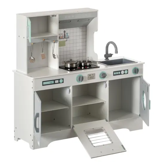 Wooden Play Kitchen Toy, Light on Microwave, Cabinet, Washer, Sound Electronic Stove, Microwave and Sink Ages 3+ {3}