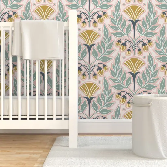 Pre-Pasted Wallpaper 2FT Wide Blush Pink Art Nouveau Floral Scale Flowers Gold Mustard Spring Vintage Custom Pre-pasted Wallpaper by Spoonflower {7}