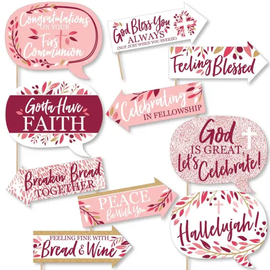 Big Dot of Happiness Funny First Communion Pink Elegant Cross - Girl Religious Party Photo Booth Props Kit - 10 Piece {1}